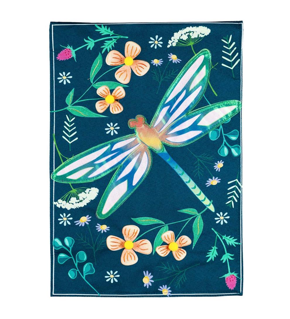 Plow &amp; Hearth Decorative Garden Accents | Yard &amp; Garden Dragonfly And Flowers Linen House Flag