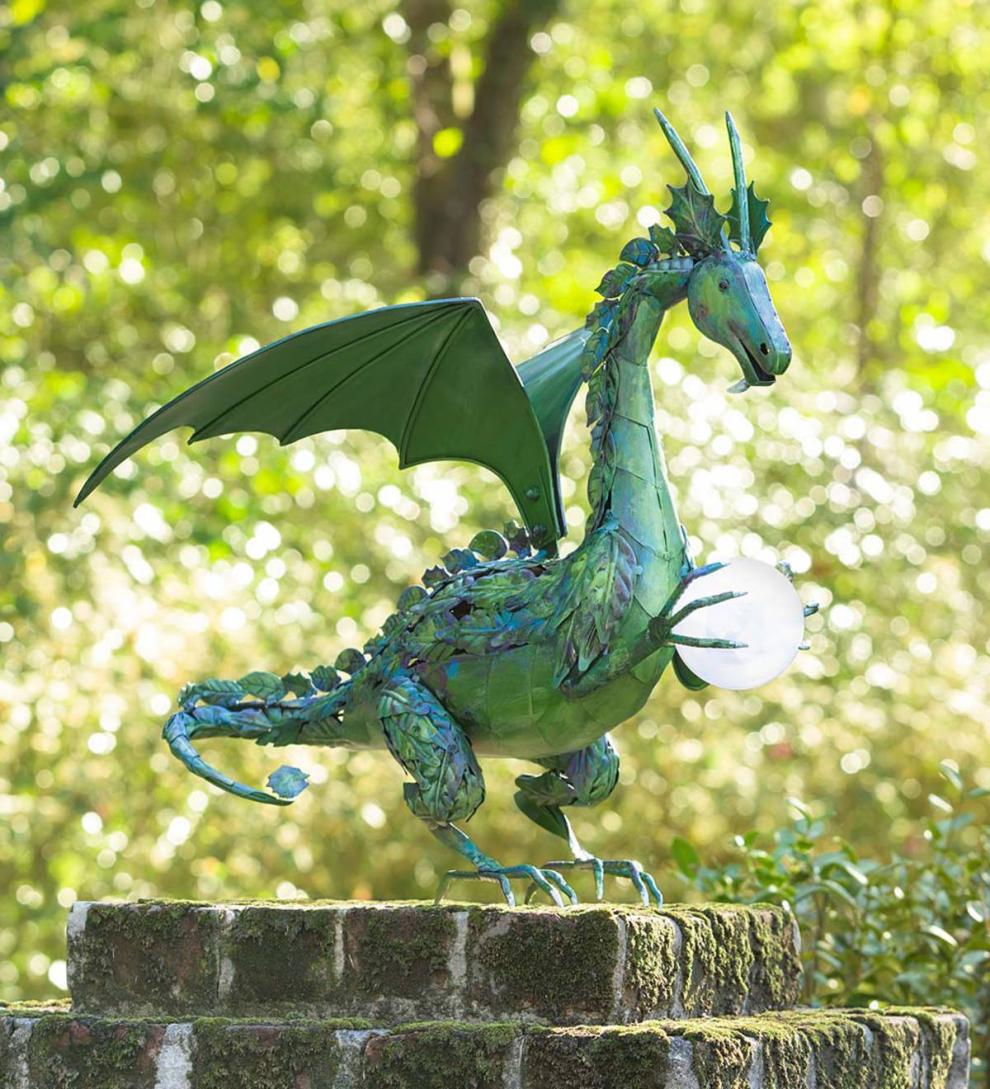 Plow &amp; Hearth Decorative Garden Accents | Yard &amp; Garden Green Dragon Statue With Solar Pearl