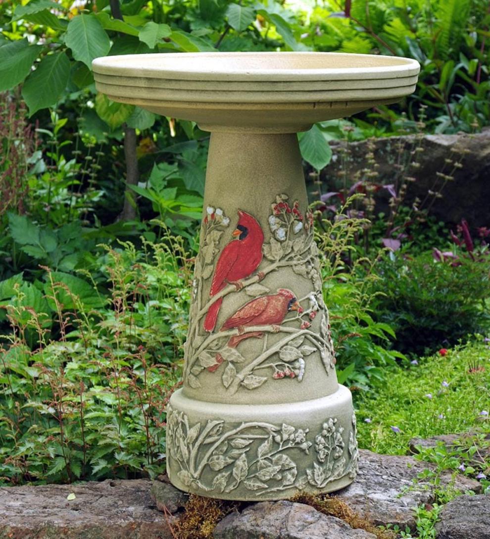 Plow &amp; Hearth Decorative Garden Accents | Yard &amp; Garden Handcrafted Burley Clay Summer Cardinal Birdbath