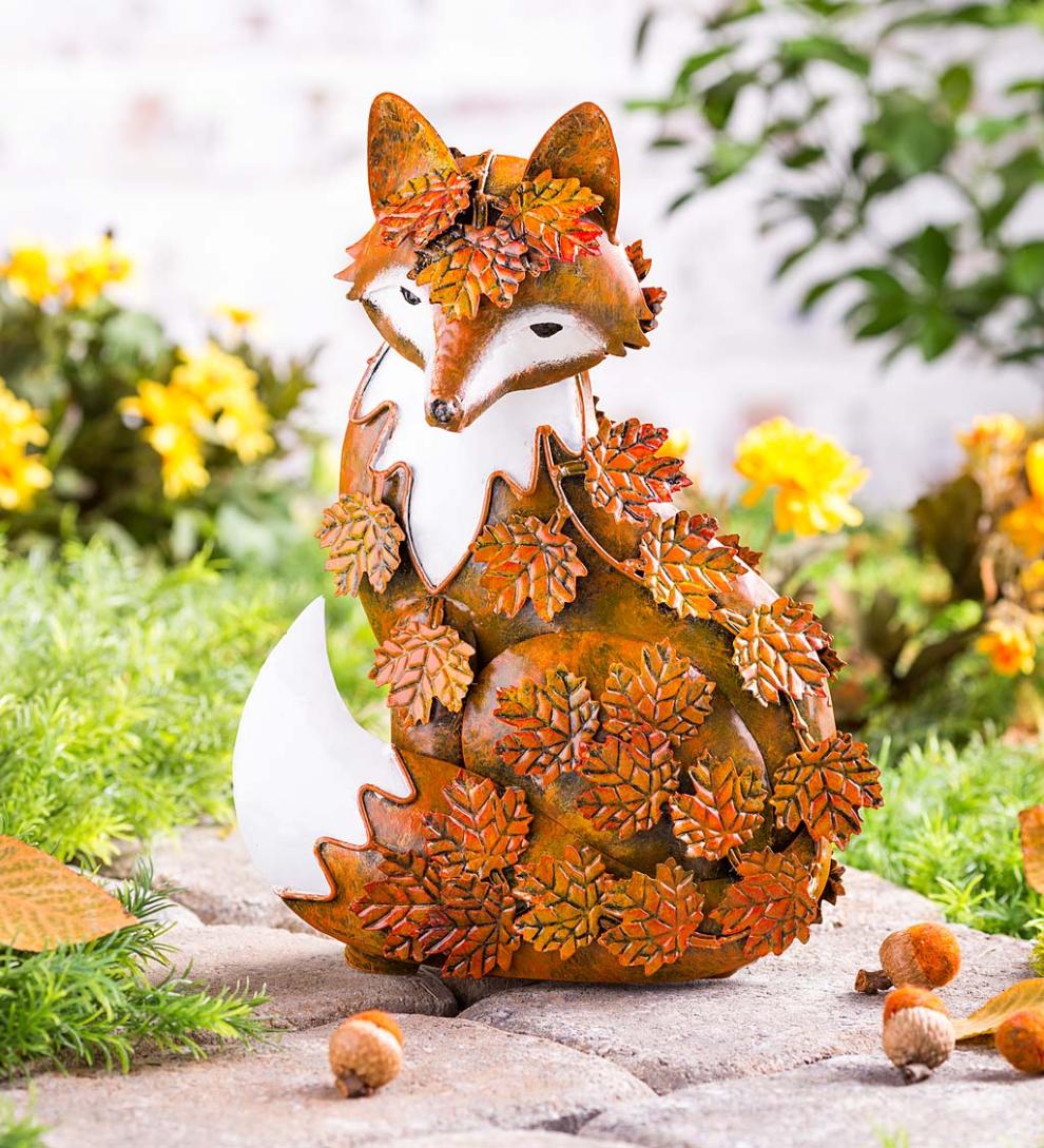 Plow &amp; Hearth Decorative Garden Accents | Yard &amp; Garden Handmade Metal Fall Leaves Fox Garden Statue