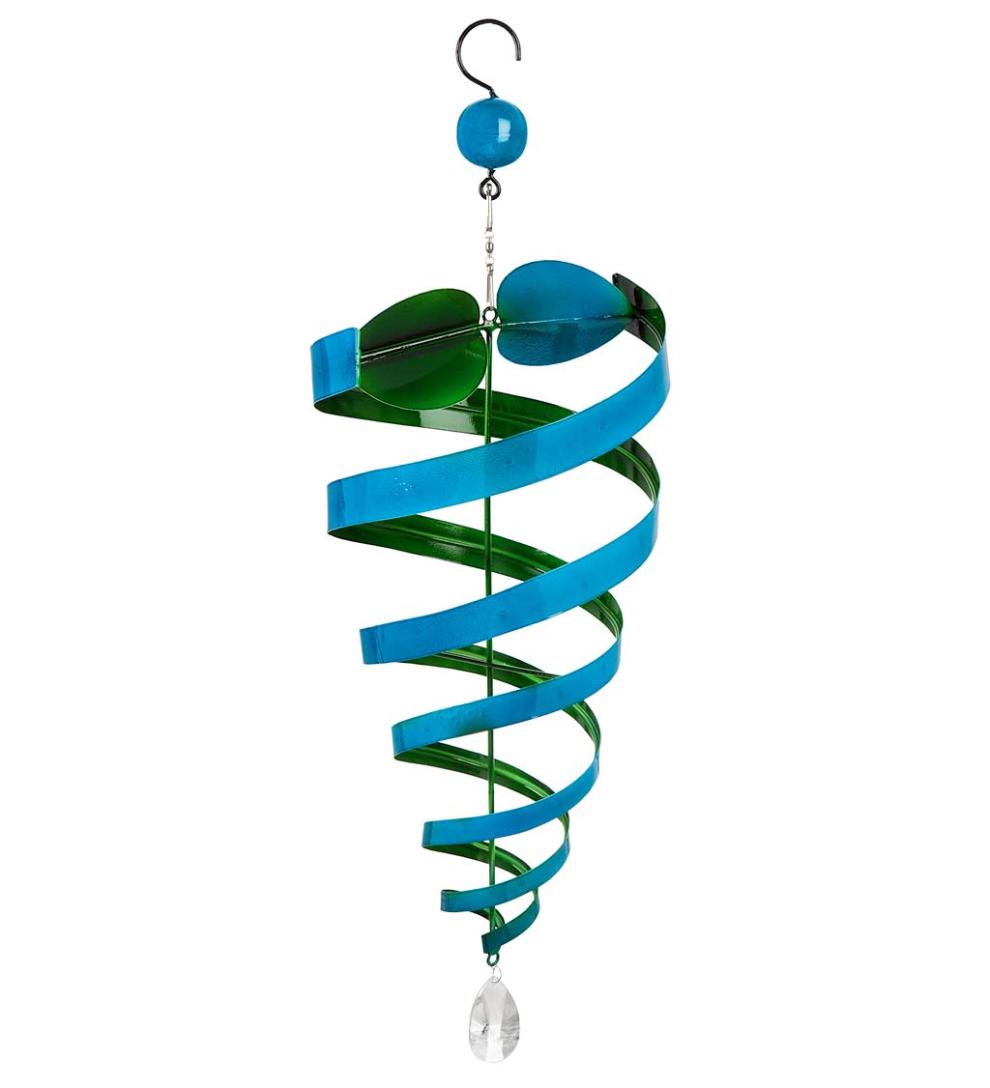 Plow &amp; Hearth Decorative Garden Accents | Yard &amp; Garden Hanging Blue And Green Conical Metal Wind Twirler With Crystal