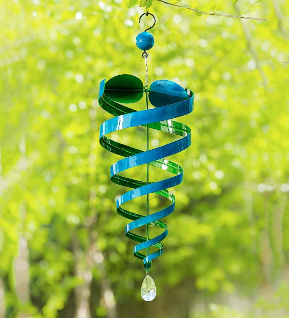 Plow &amp; Hearth Decorative Garden Accents | Yard &amp; Garden Hanging Blue And Green Conical Metal Wind Twirler With Crystal