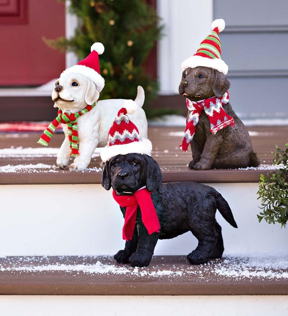 Plow &amp; Hearth Decorative Garden Accents | Yard &amp; Garden Holiday Labrador Puppy Statue With Hat And Scarf