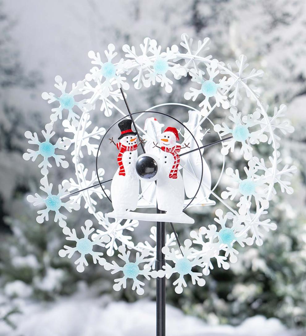 Plow &amp; Hearth Decorative Garden Accents | Yard &amp; Garden Holiday Snowman Metal Wind Spinner With Snowflakes