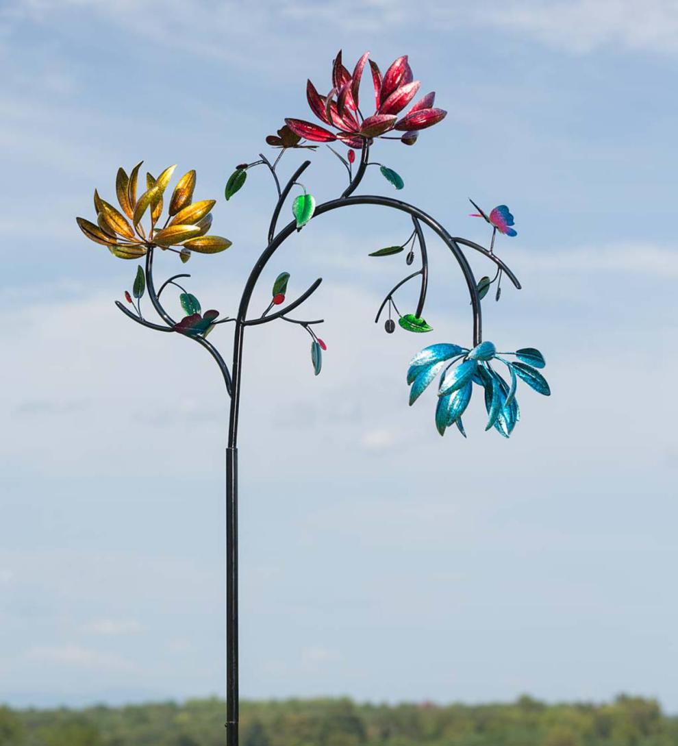 Plow &amp; Hearth Decorative Garden Accents | Yard &amp; Garden Large Metal Wind Spinner With Three Spinning Flowers And Butterflies