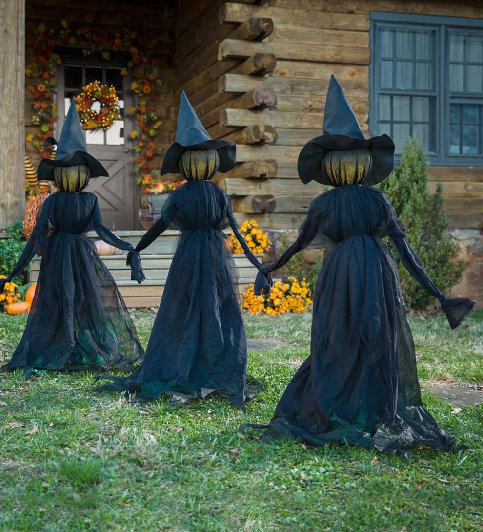 Plow &amp; Hearth Decorative Garden Accents | Yard &amp; Garden Lighted Halloween Witch Stakes, Set Of 3