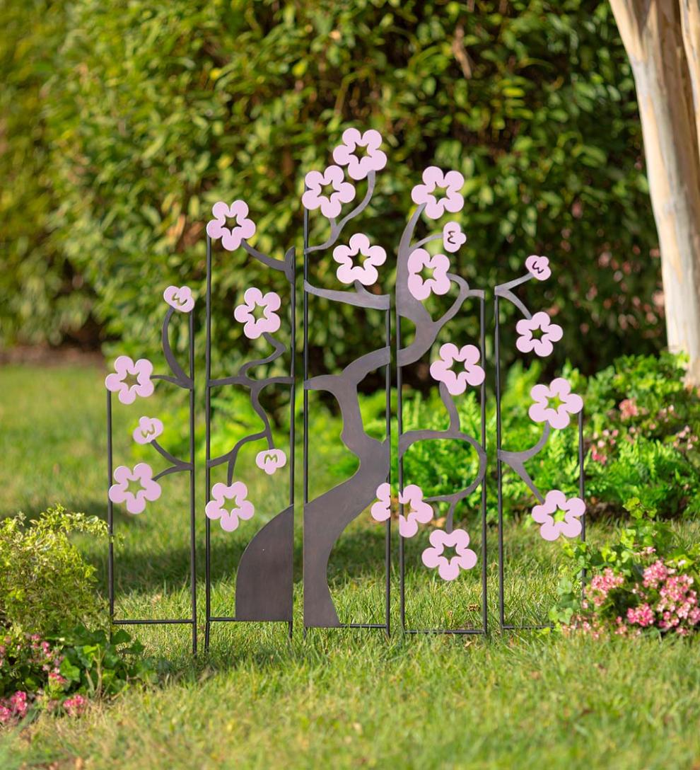 Plow &amp; Hearth Decorative Garden Accents | Yard &amp; Garden Metal Cherry Tree Garden Landscape Panel Stakes, Set Of 5