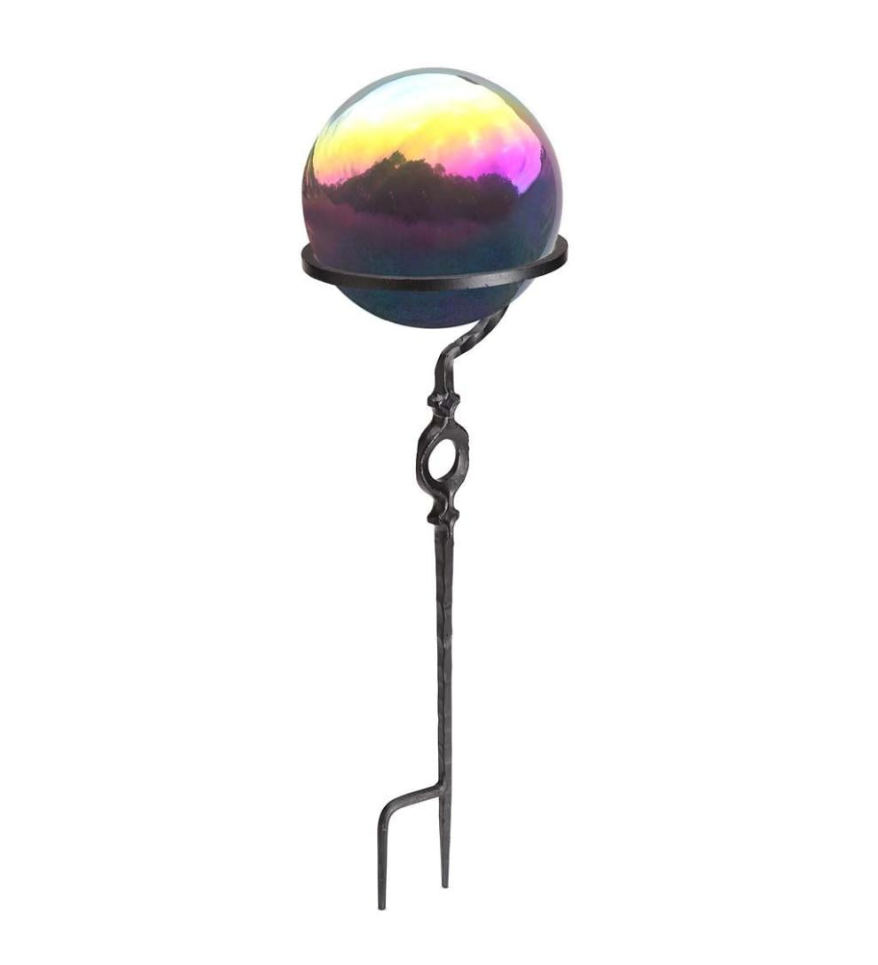 Plow &amp; Hearth Decorative Garden Accents | Yard &amp; Garden Metal Rainbow Gazing Ball With Wrought Iron Circle Stand - Rainbow