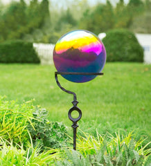 Plow &amp; Hearth Decorative Garden Accents | Yard &amp; Garden Metal Rainbow Gazing Ball With Wrought Iron Circle Stand - Rainbow