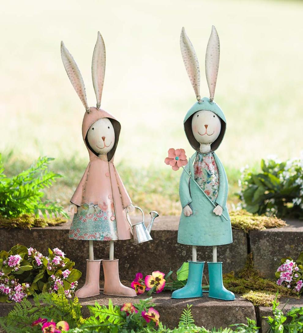 Plow &amp; Hearth Decorative Garden Accents | Yard &amp; Garden Metal Storybook Rabbit Garden Statue - Blue