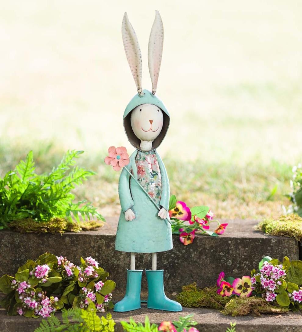 Plow &amp; Hearth Decorative Garden Accents | Yard &amp; Garden Metal Storybook Rabbit Garden Statue - Blue