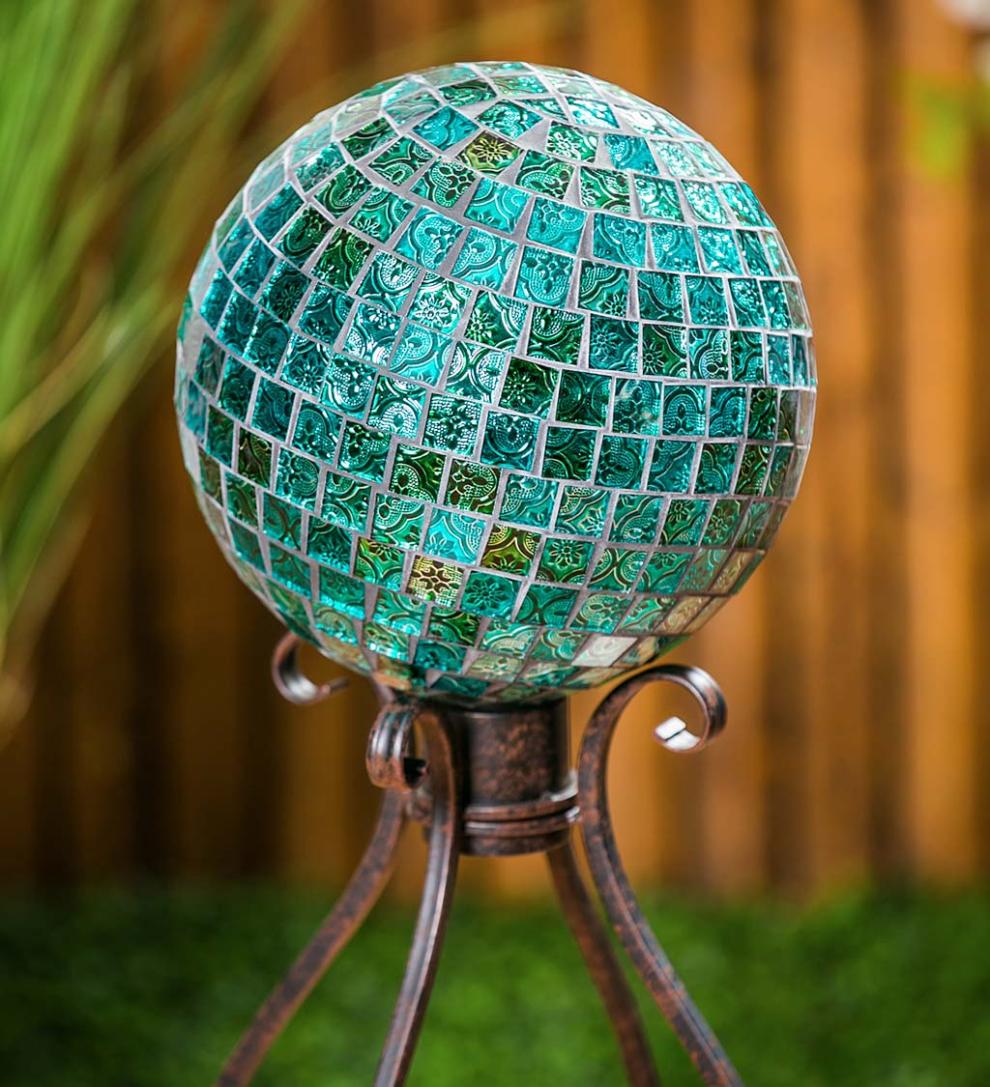 Plow &amp; Hearth Decorative Garden Accents | Yard &amp; Garden Mosaic Glass Gazing Garden Ball - Turquoise