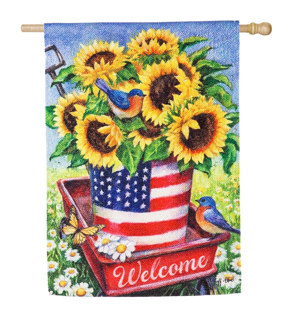 Plow &amp; Hearth Decorative Garden Accents | Yard &amp; Garden Patriotic Sunflower Welcome Wagon Textured Suede House Flag