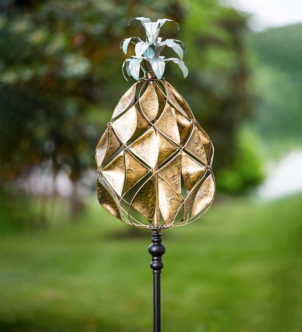 Plow &amp; Hearth Decorative Garden Accents | Yard &amp; Garden Verdigris And Golden Metal Pineapple Wind Spinner