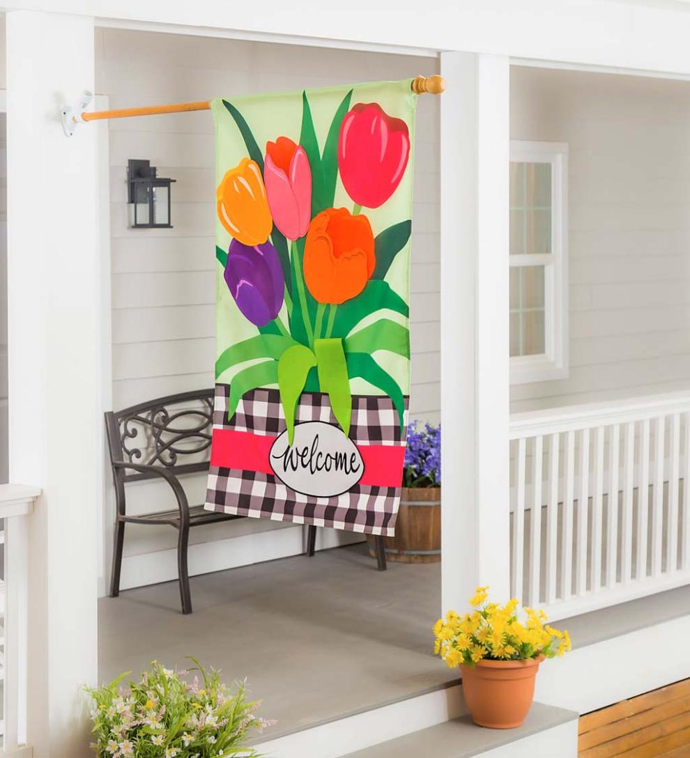 Plow &amp; Hearth Decorative Garden Accents | Yard &amp; Garden Welcome Spring Tulips Applique House Flag