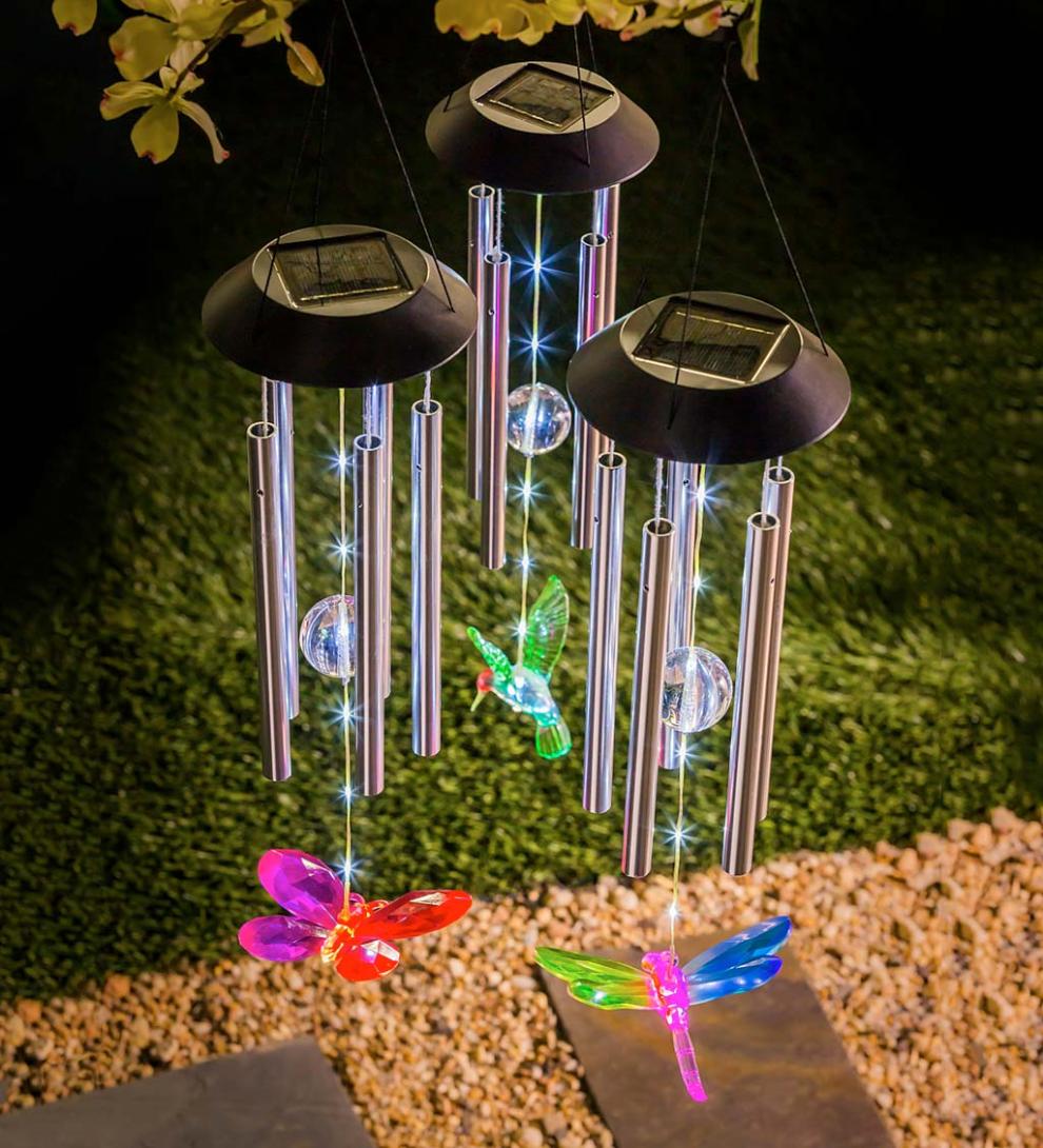 Plow &amp; Hearth Decorative Garden Accents | Yard &amp; Garden Winged Wonders Solar Wind Chimes, Set Of 3