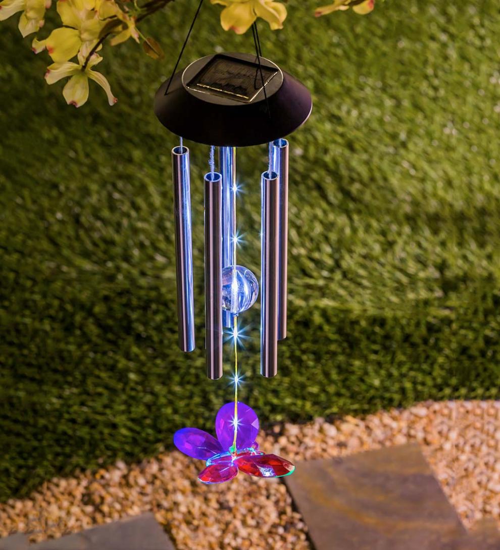 Plow &amp; Hearth Decorative Garden Accents | Yard &amp; Garden Winged Wonders Solar Wind Chimes, Set Of 3