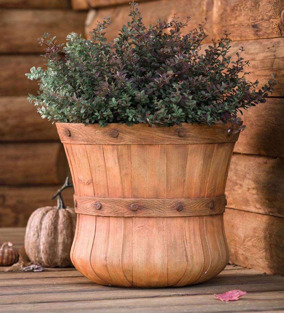 Plow &amp; Hearth Decorative Planters | Yard &amp; Garden Large Faux Wood Bushel Basket Planter