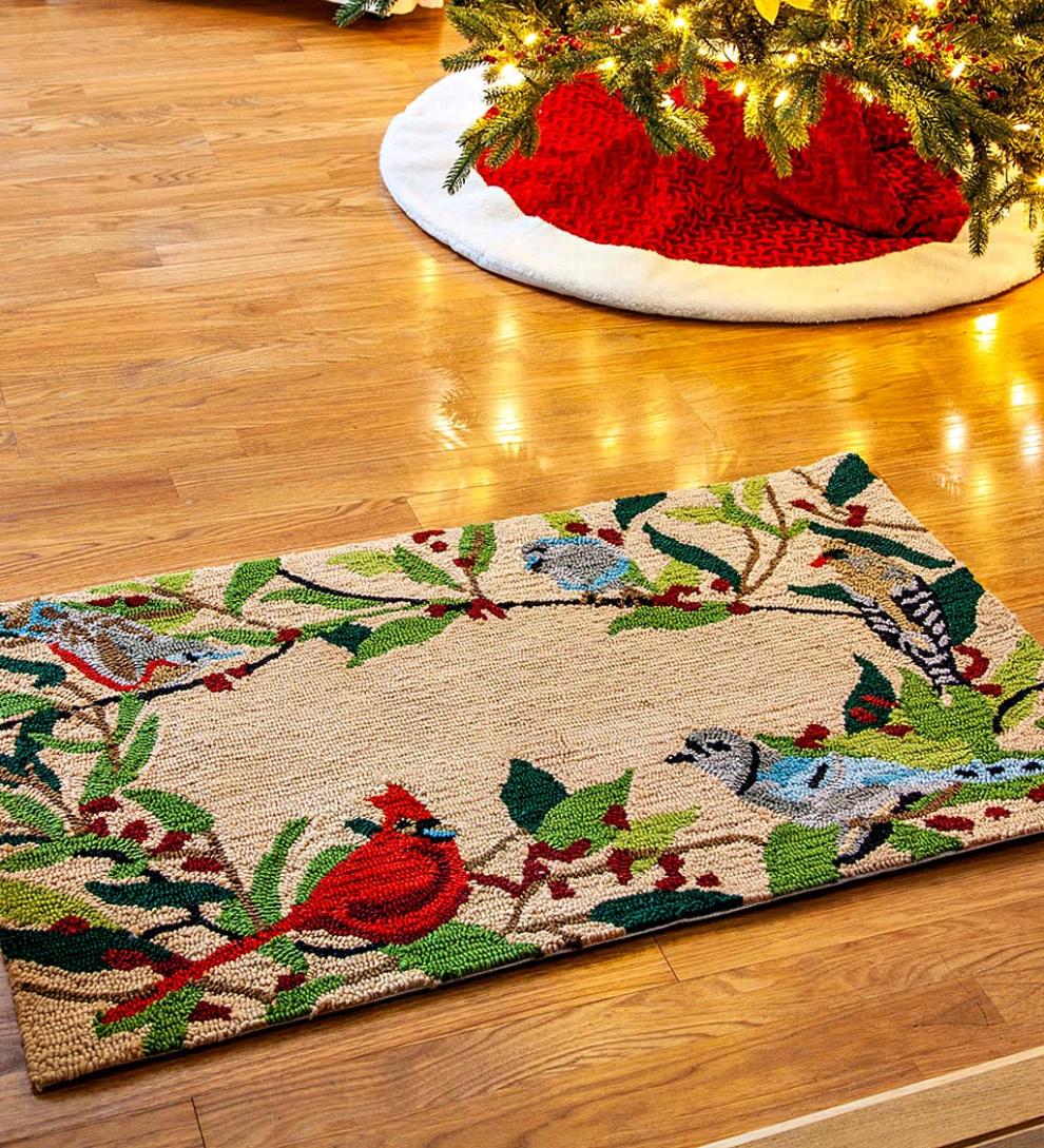 Plow &amp; Hearth Doormats &amp; Boot Trays | Outdoor Living Birds And Berries Holiday Hooked Accent Rug