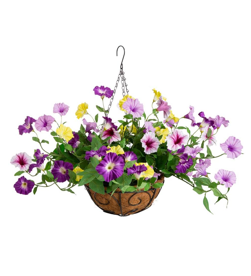 Plow &amp; Hearth Faux Flowers &amp; Plants | Indoor Living Faux Petunia Hanging Basket - Purple