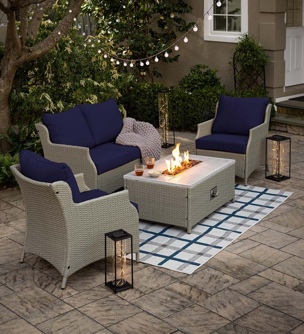 Plow &amp; Hearth Fire Pits | Fireplace &amp; Hearth Little River Outdoor Wicker Seating With Propane Fire Pit Table, 4-Piece Set