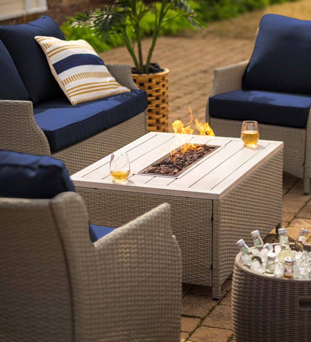 Plow &amp; Hearth Fire Pits | Fireplace &amp; Hearth Little River Outdoor Wicker Seating With Propane Fire Pit Table, 4-Piece Set