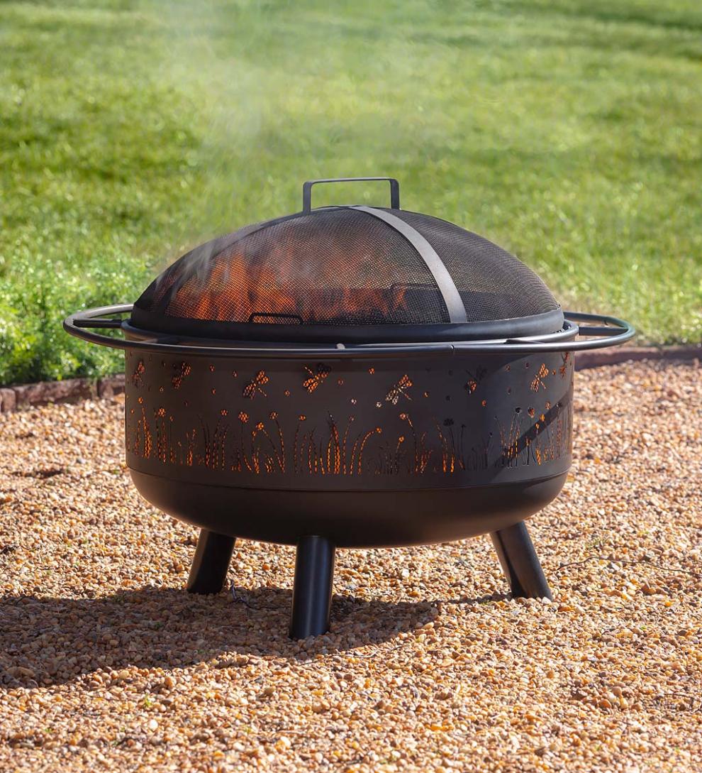 Plow &amp; Hearth Fire Pits | Fireplace &amp; Hearth Meadow Wood Burning Fire Pit With Cutout Design - Black