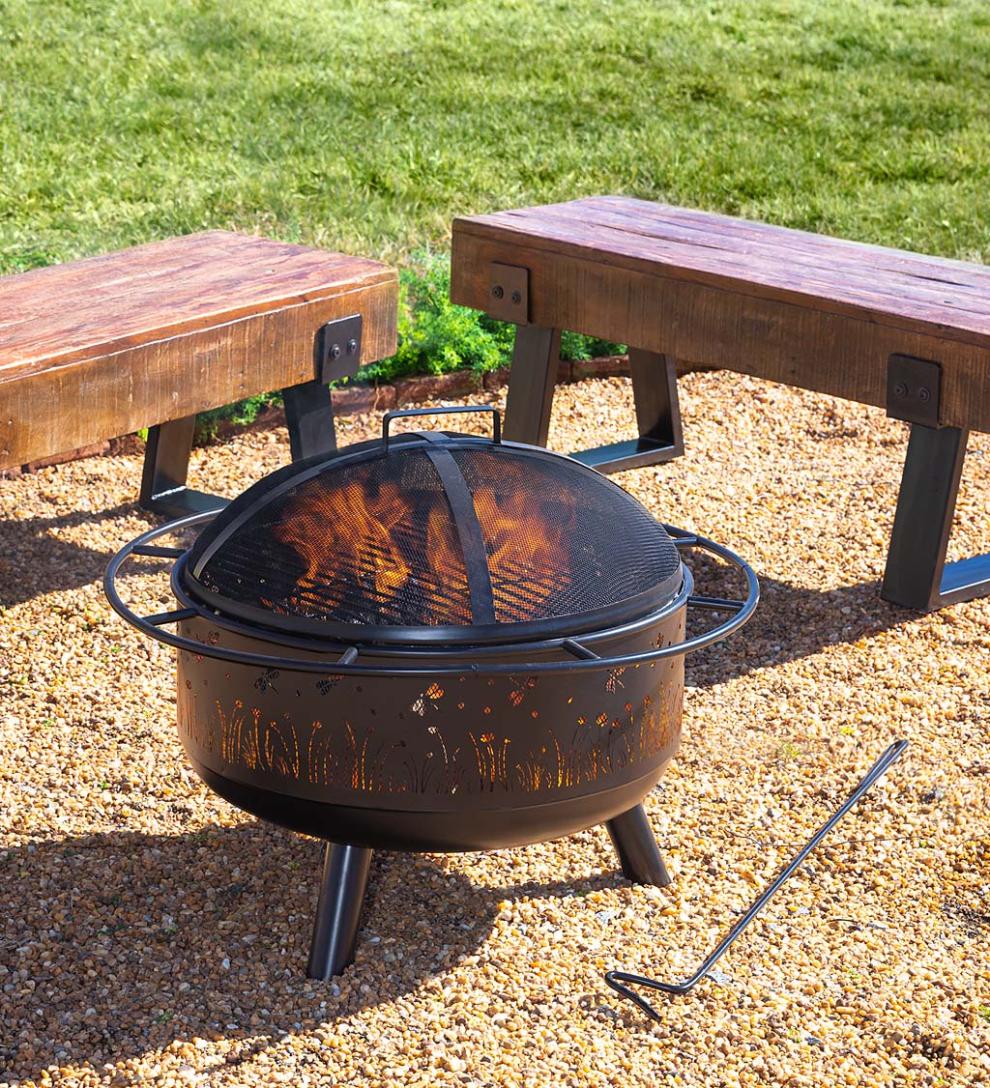 Plow &amp; Hearth Fire Pits | Fireplace &amp; Hearth Meadow Wood Burning Fire Pit With Cutout Design - Black