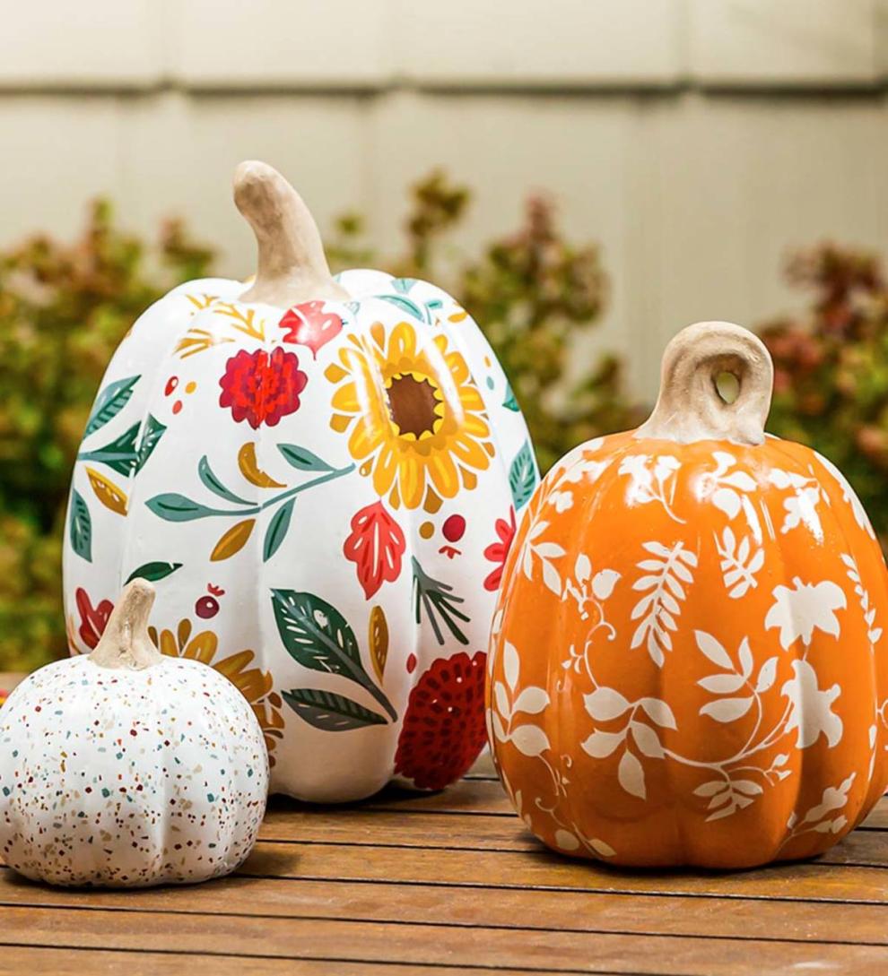 Plow &amp; Hearth Fireplace &amp; Mantel Décor | Fireplace &amp; Hearth Autumn Blooms Ceramic Pumpkins, Set Of 3