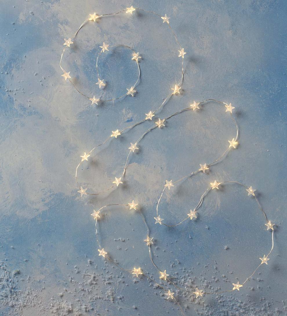 Plow &amp; Hearth Fireplace &amp; Mantel Décor | Fireplace &amp; Hearth Battery-Operated Seasonal Icon String Lights With 40 Leds On Silver Wire - Cool White Snowflakes