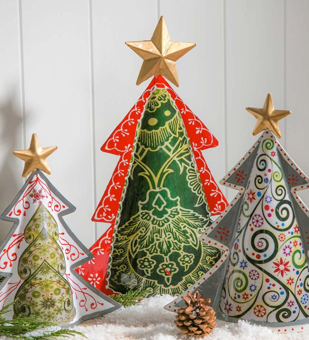 Plow &amp; Hearth Fireplace &amp; Mantel Décor | Fireplace &amp; Hearth Colorful Metal Patterned Christmas Trees, Set Of 3