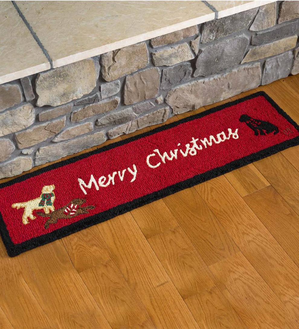 Plow &amp; Hearth Fireplace &amp; Mantel Décor | Fireplace &amp; Hearth Hooked Wool Merry Christmas Labs Hearth Runner - Red