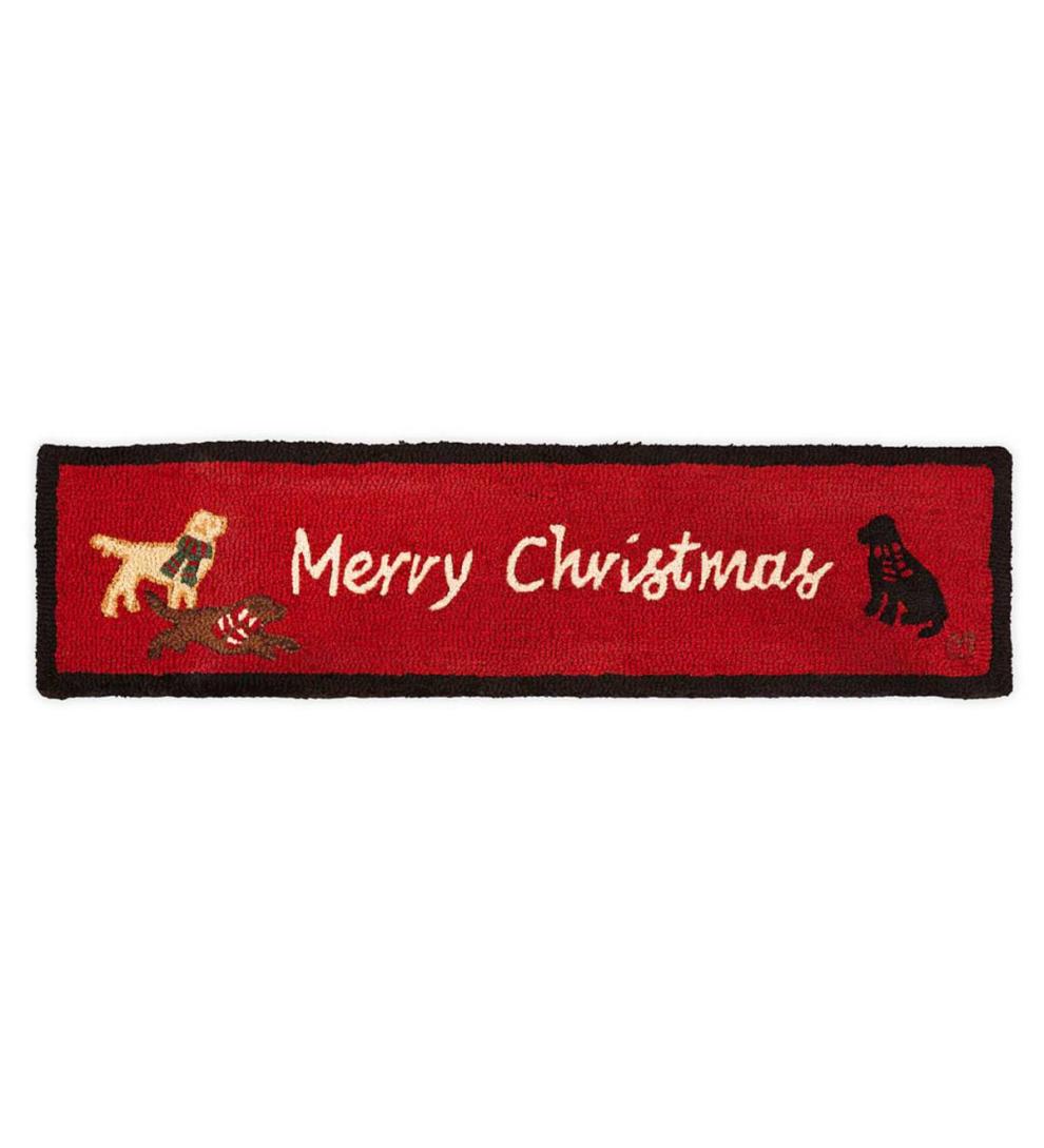 Plow &amp; Hearth Fireplace &amp; Mantel Décor | Fireplace &amp; Hearth Hooked Wool Merry Christmas Labs Hearth Runner - Red