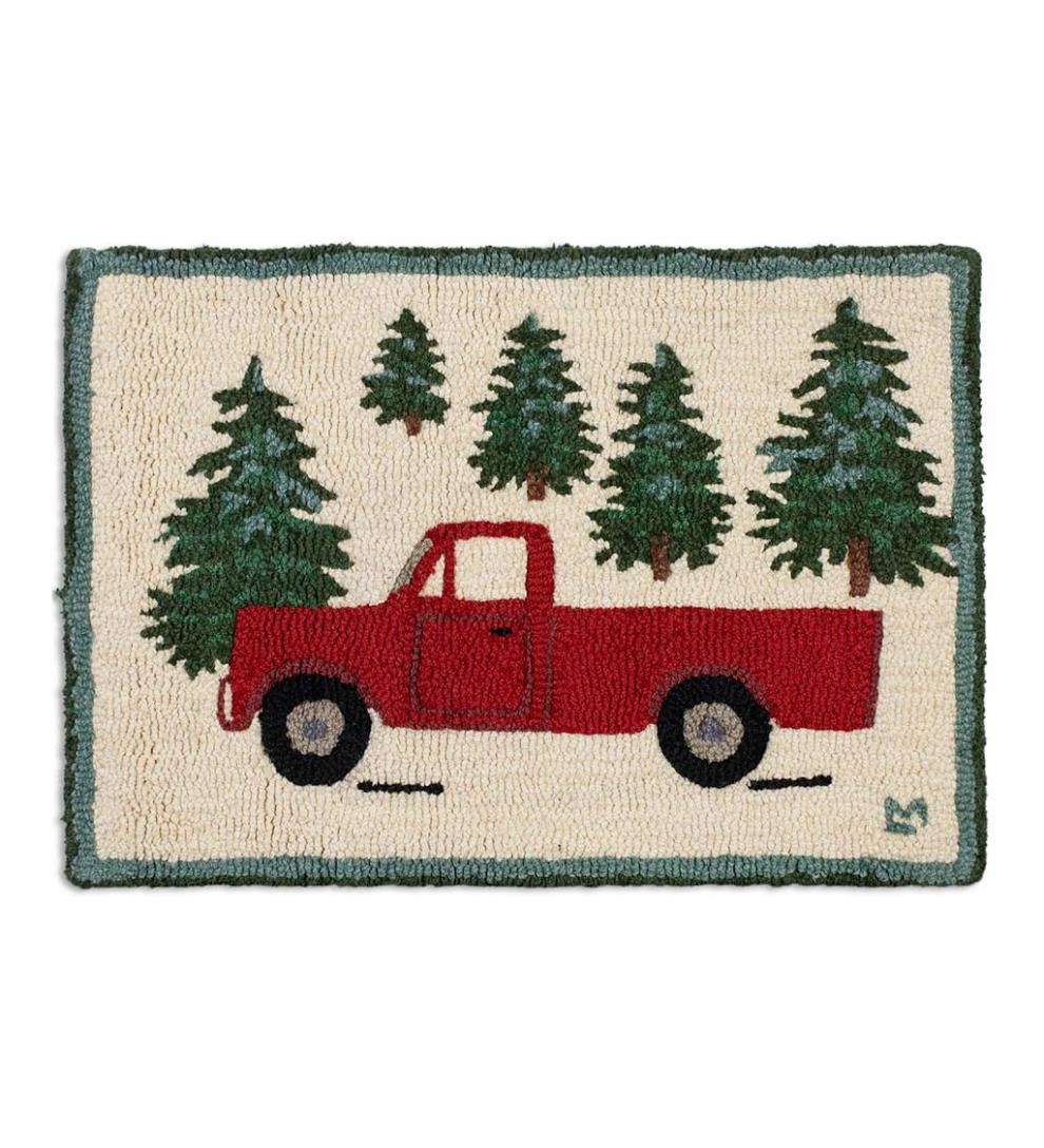Plow &amp; Hearth Fireplace &amp; Mantel Décor | Fireplace &amp; Hearth Hooked Wool Red Pickup Truck In Evergreen Forest Accent Rug - Red Truck
