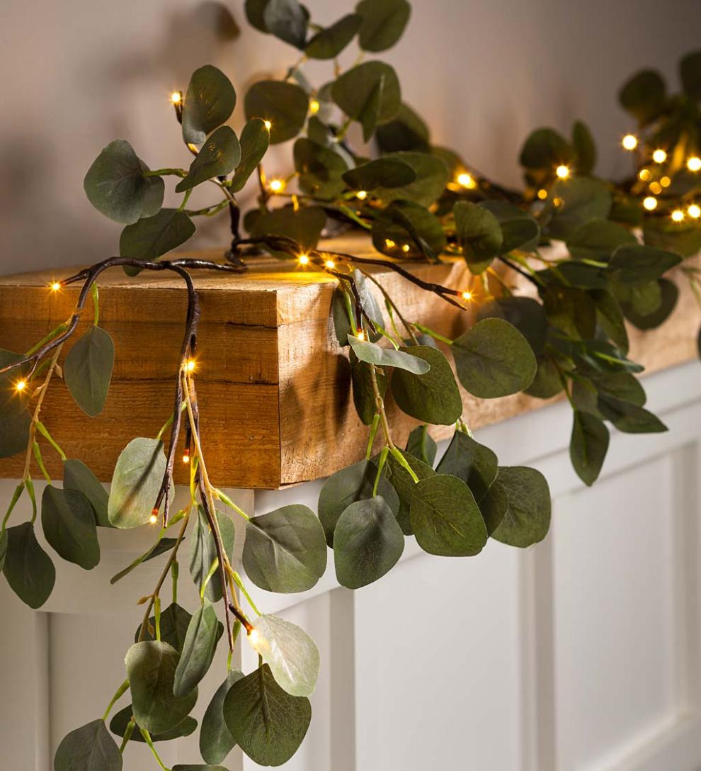 Plow &amp; Hearth Fireplace &amp; Mantel Décor | Fireplace &amp; Hearth Indoor/Outdoor Battery-Operated Lighted Eucalyptus Garland