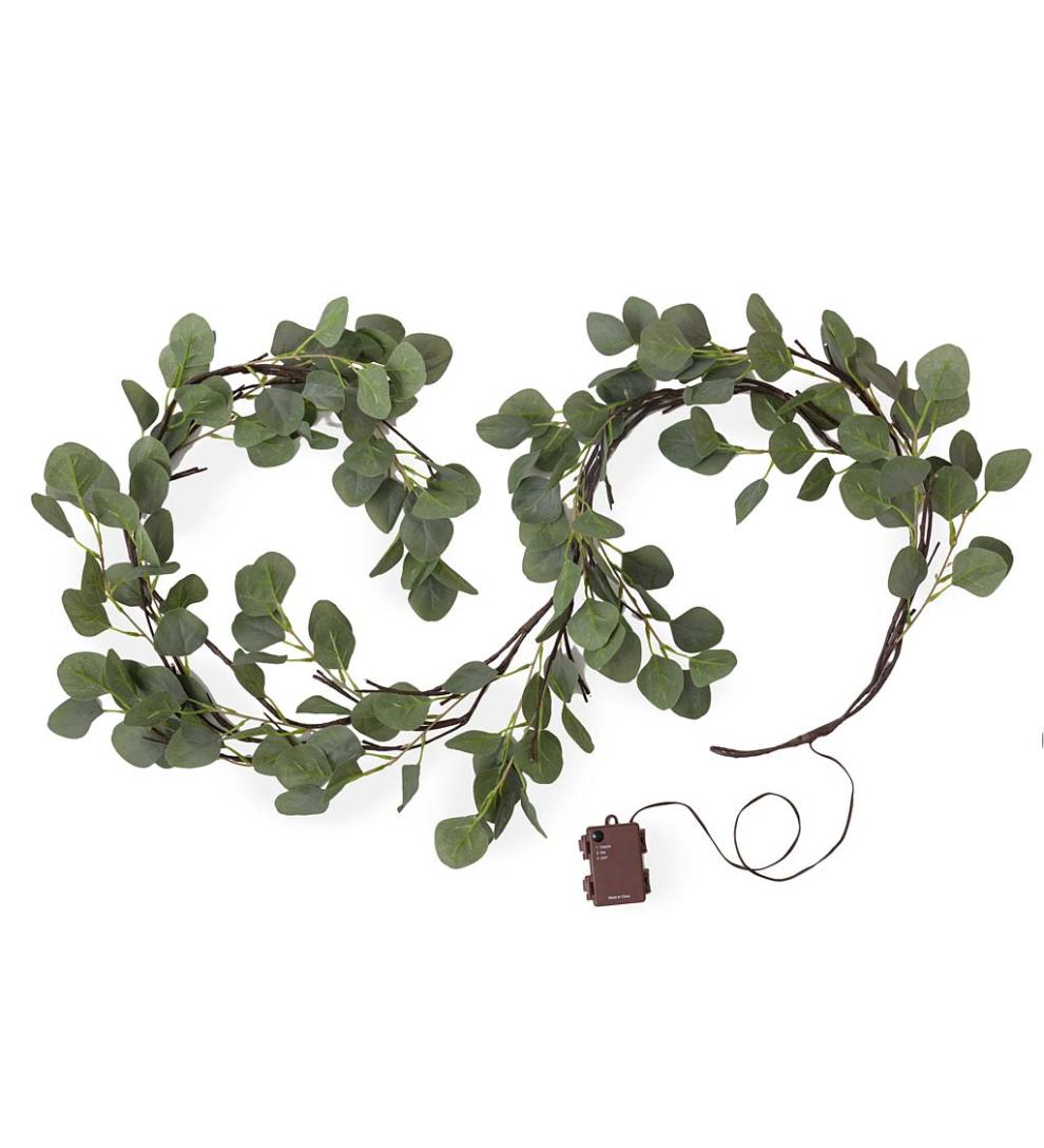 Plow &amp; Hearth Fireplace &amp; Mantel Décor | Fireplace &amp; Hearth Indoor/Outdoor Battery-Operated Lighted Eucalyptus Garland