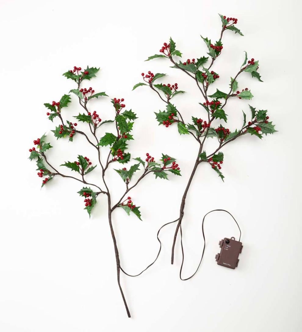 Plow &amp; Hearth Fireplace &amp; Mantel Décor | Fireplace &amp; Hearth Indoor/Outdoor Holly And Berry Lighted Branches, Set Of 2