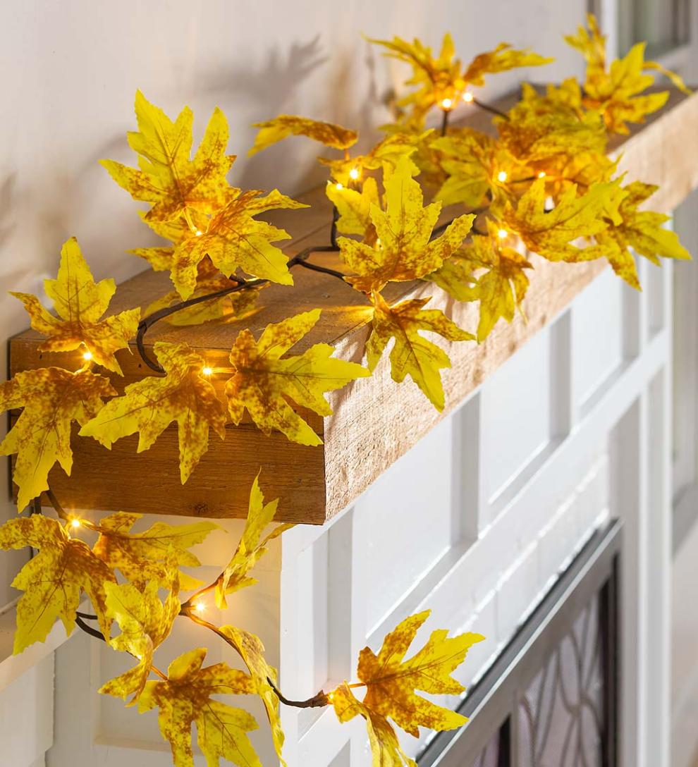 Plow &amp; Hearth Fireplace &amp; Mantel Décor | Fireplace &amp; Hearth Indoor/Outdoor Lighted Golden Sugar Maple Leaf Garland With 24 Lights