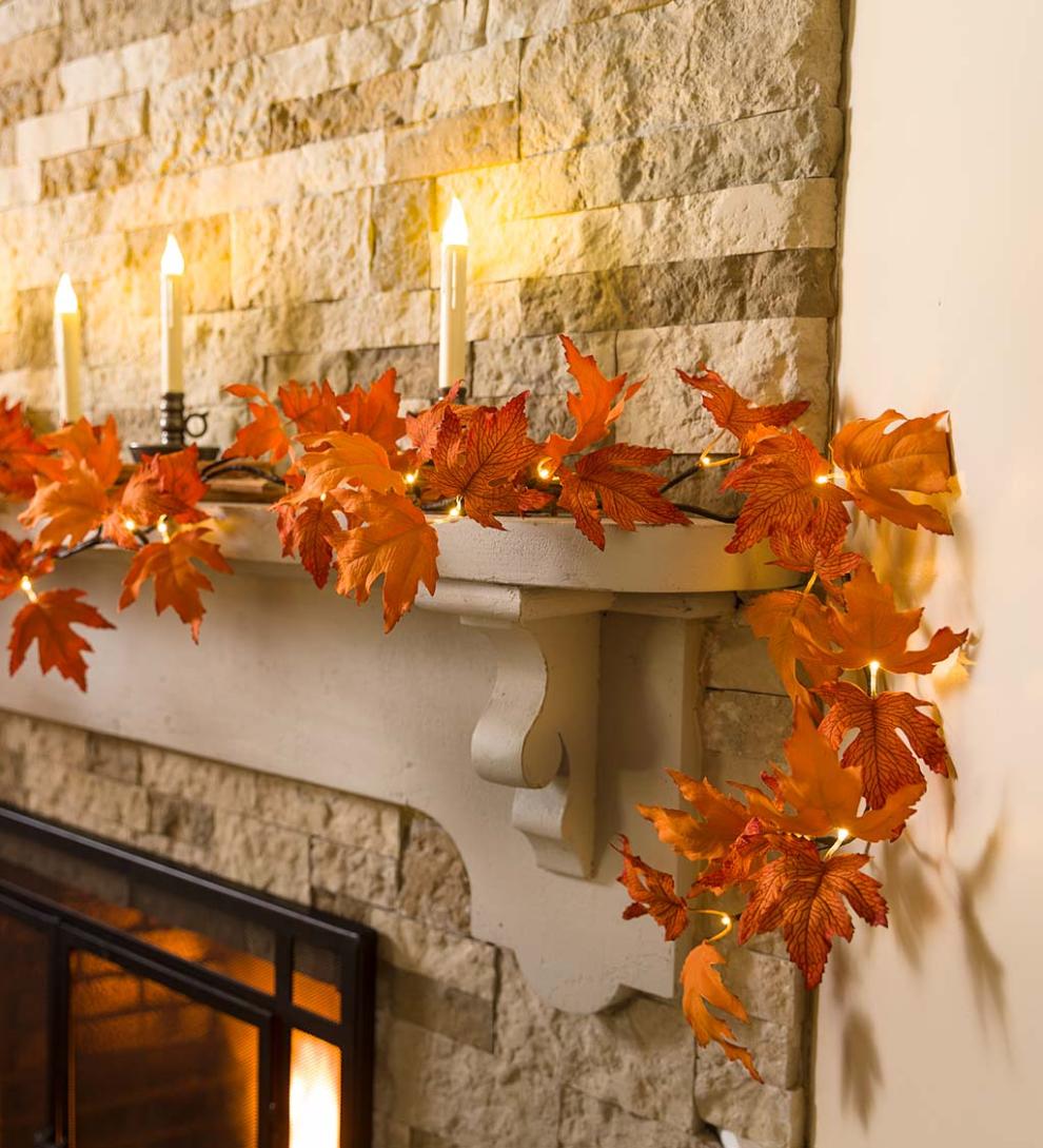 Plow &amp; Hearth Fireplace &amp; Mantel Décor | Fireplace &amp; Hearth Indoor/Outdoor Lighted Maple Leaf Garland With 24 Lights