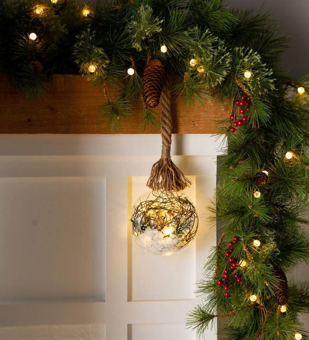 Plow &amp; Hearth Fireplace &amp; Mantel Décor | Fireplace &amp; Hearth Indoor/Outdoor Oversized Lighted Glass Ornament With Greenery - Ball