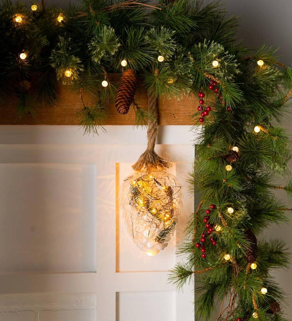 Plow &amp; Hearth Fireplace &amp; Mantel Décor | Fireplace &amp; Hearth Indoor/Outdoor Oversized Lighted Glass Ornament With Greenery - Ball