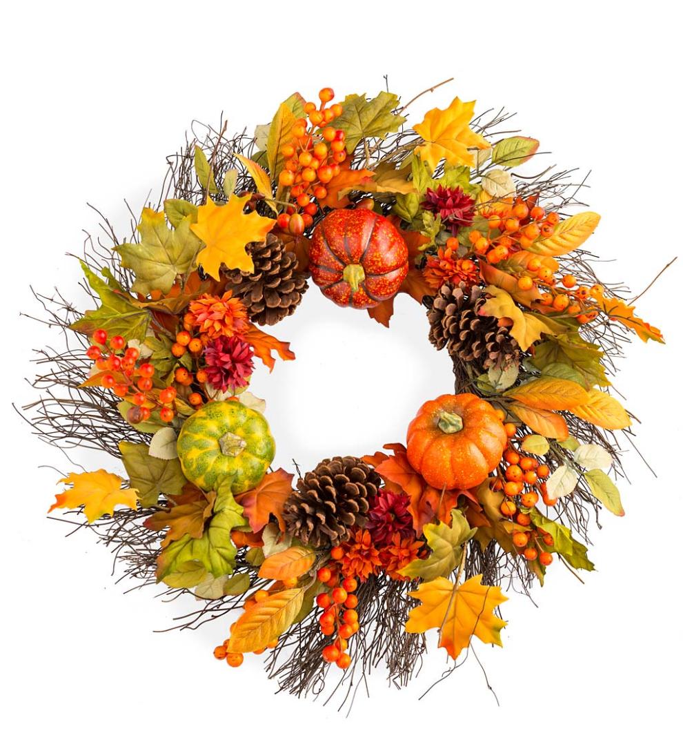Plow &amp; Hearth Fireplace &amp; Mantel Décor | Fireplace &amp; Hearth Pumpkins And Pine Cones Fall Wreath