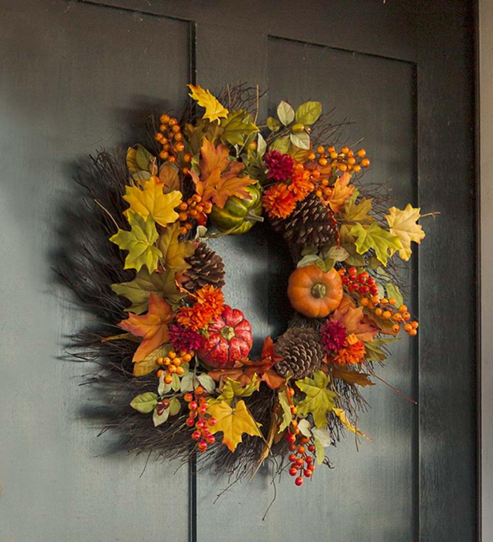 Plow &amp; Hearth Fireplace &amp; Mantel Décor | Fireplace &amp; Hearth Pumpkins And Pine Cones Fall Wreath