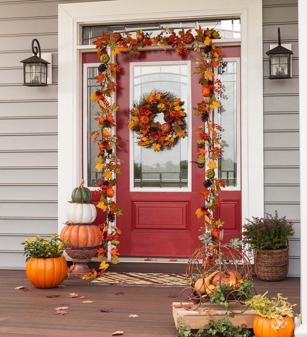 Plow &amp; Hearth Fireplace &amp; Mantel Décor | Fireplace &amp; Hearth Pumpkins And Pine Cones Fall Wreath