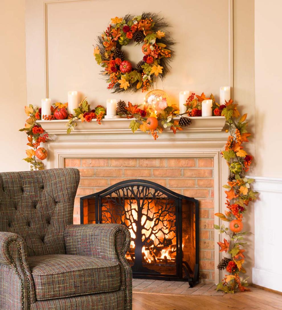 Plow &amp; Hearth Fireplace &amp; Mantel Décor | Fireplace &amp; Hearth Pumpkins And Pine Cones Fall Wreath