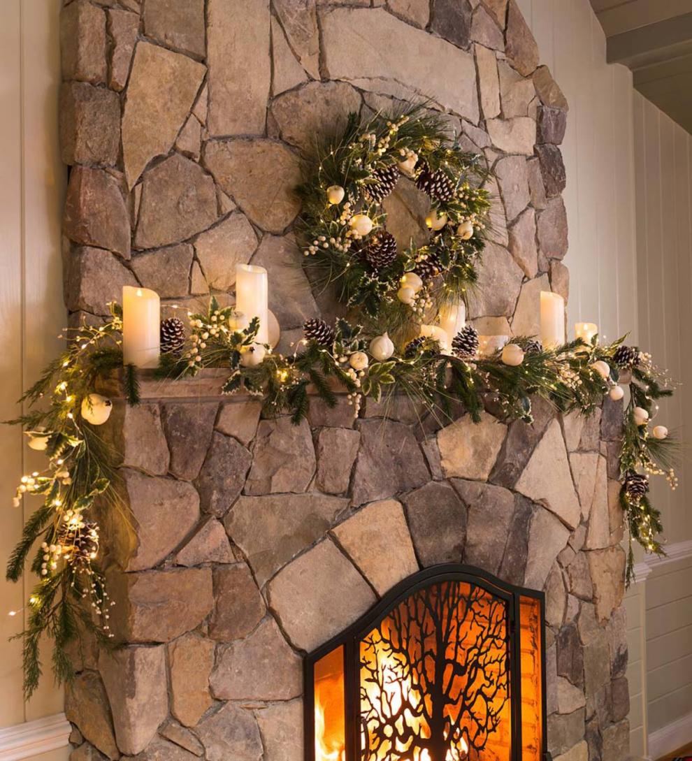 Plow &amp; Hearth Fireplace &amp; Mantel Décor | Fireplace &amp; Hearth Winter White Faux Holiday Garland