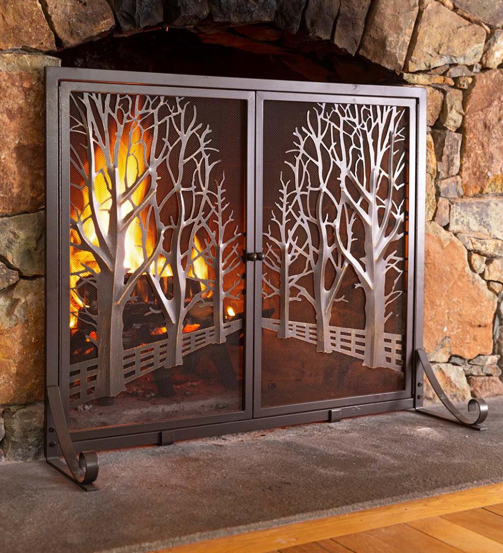 Plow &amp; Hearth Fireplace Screens With Doors | Fireplace &amp; Hearth Country Road Tree Line Fireplace Screen With Doors