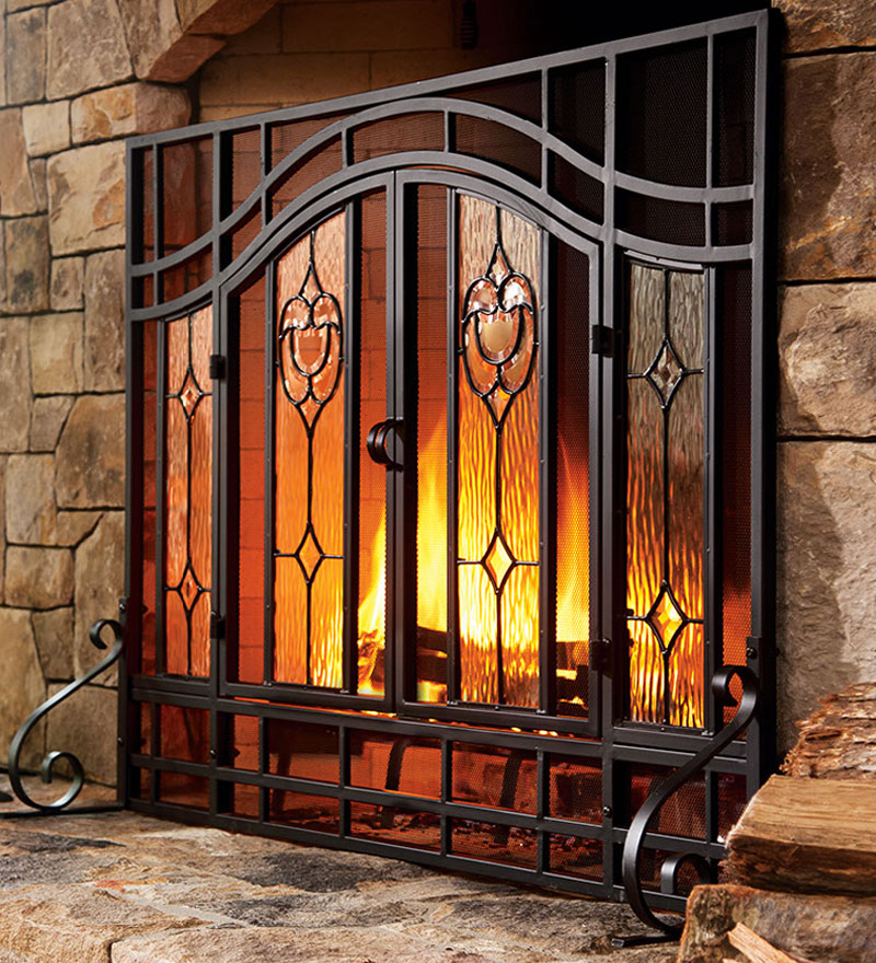 Plow &amp; Hearth Fireplace Screens With Doors | Fireplace &amp; Hearth Two-Door Fireplace Screen With Glass Floral Panels