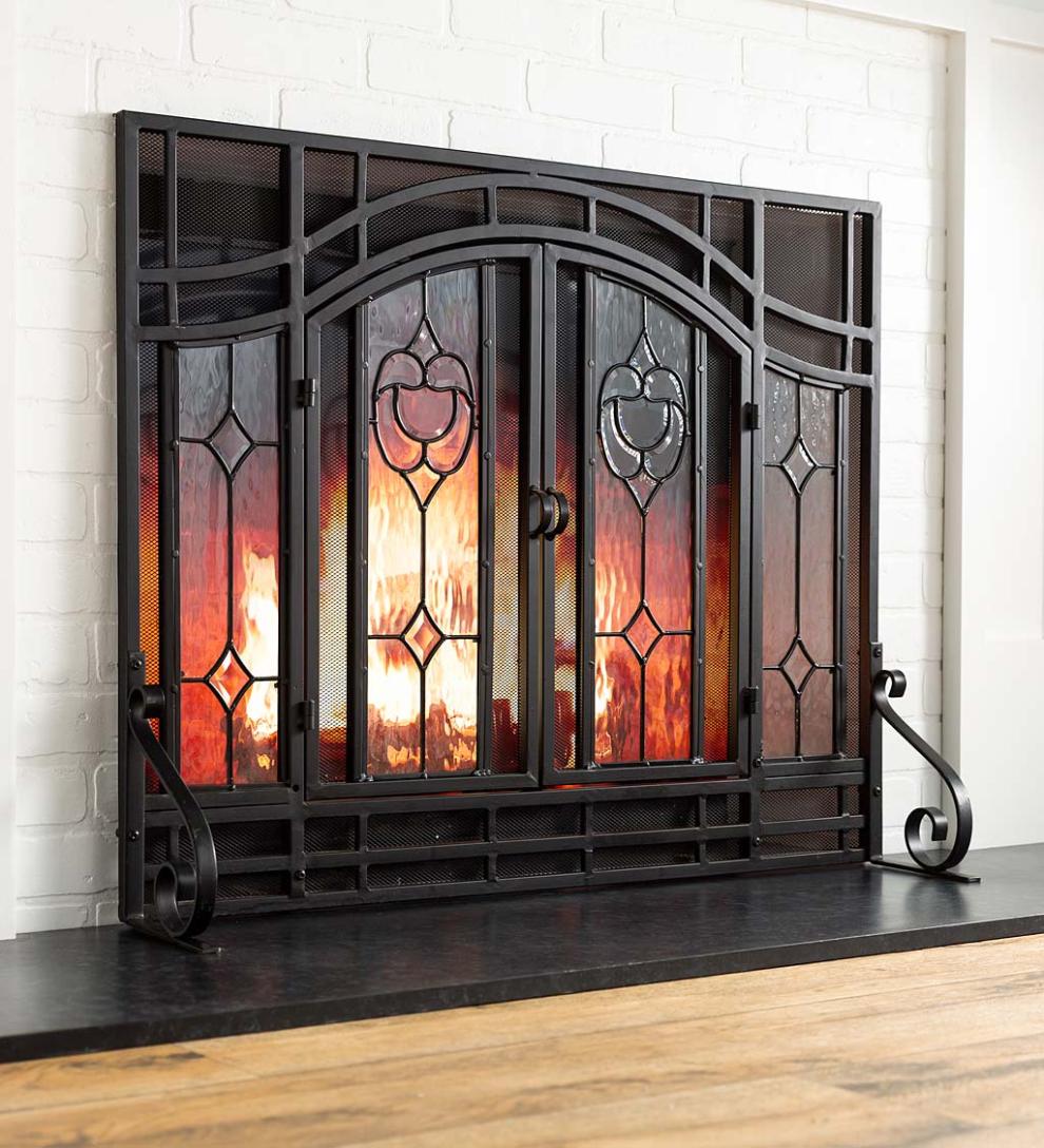 Plow &amp; Hearth Fireplace Screens With Doors | Fireplace &amp; Hearth Two-Door Fireplace Screen With Glass Floral Panels