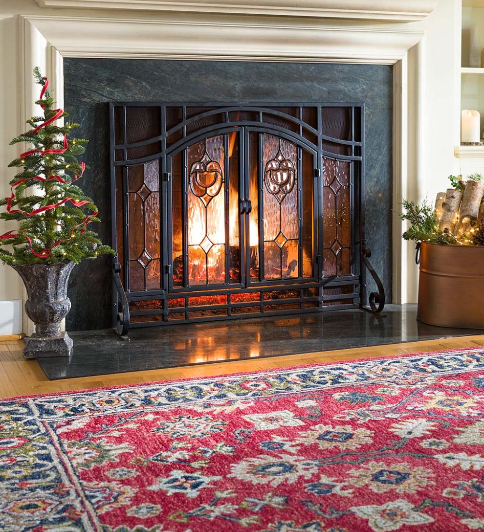 Plow &amp; Hearth Fireplace Screens With Doors | Fireplace &amp; Hearth Two-Door Fireplace Screen With Glass Floral Panels
